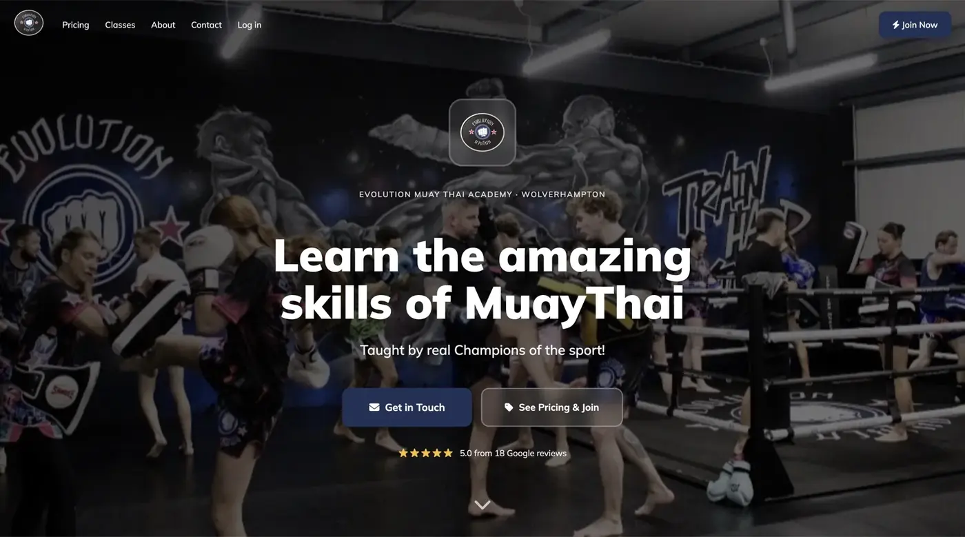 Evolution Muay Thai&rsquo;s website, built free on ClubRight