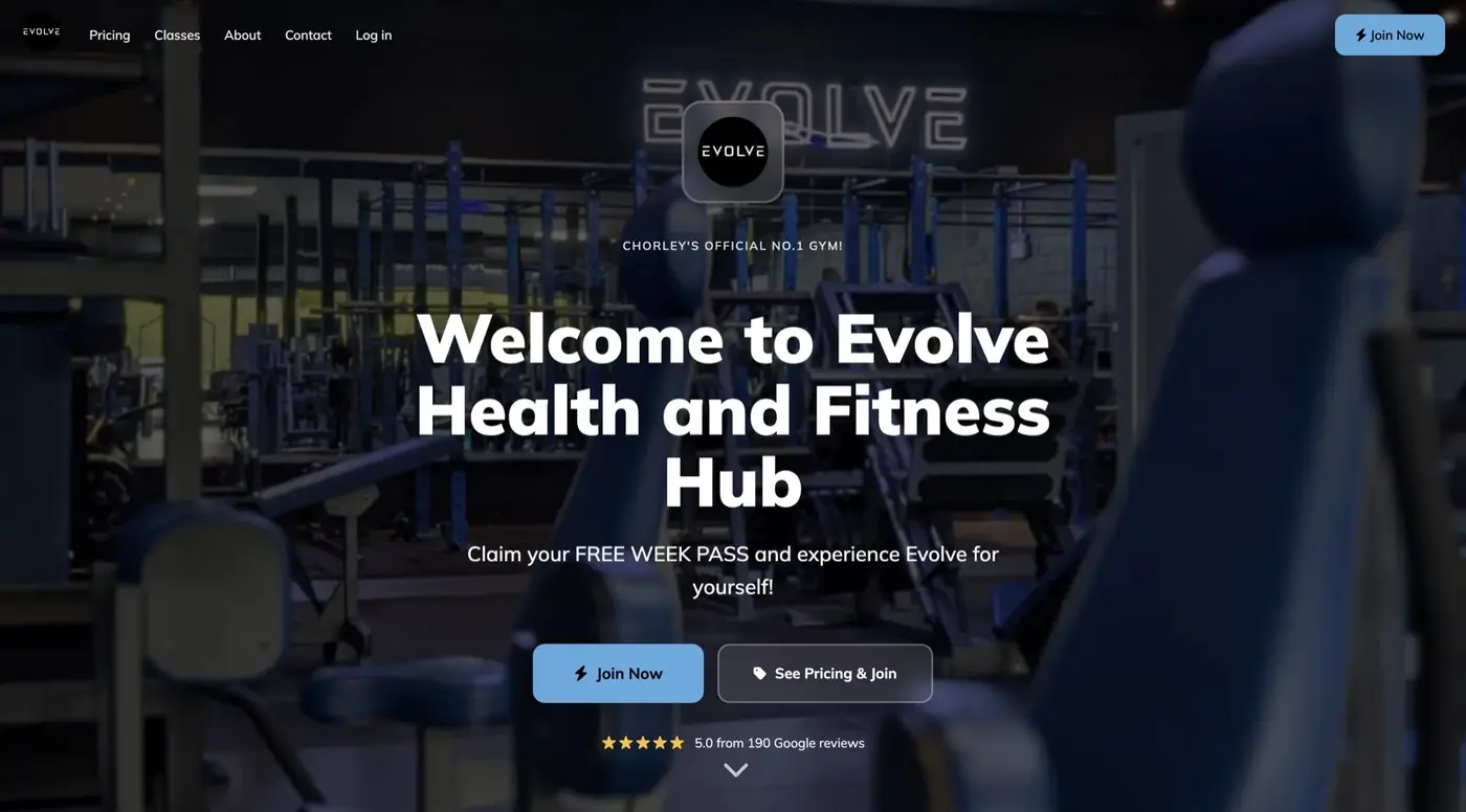 Evolve&rsquo;s website, built free on ClubRight