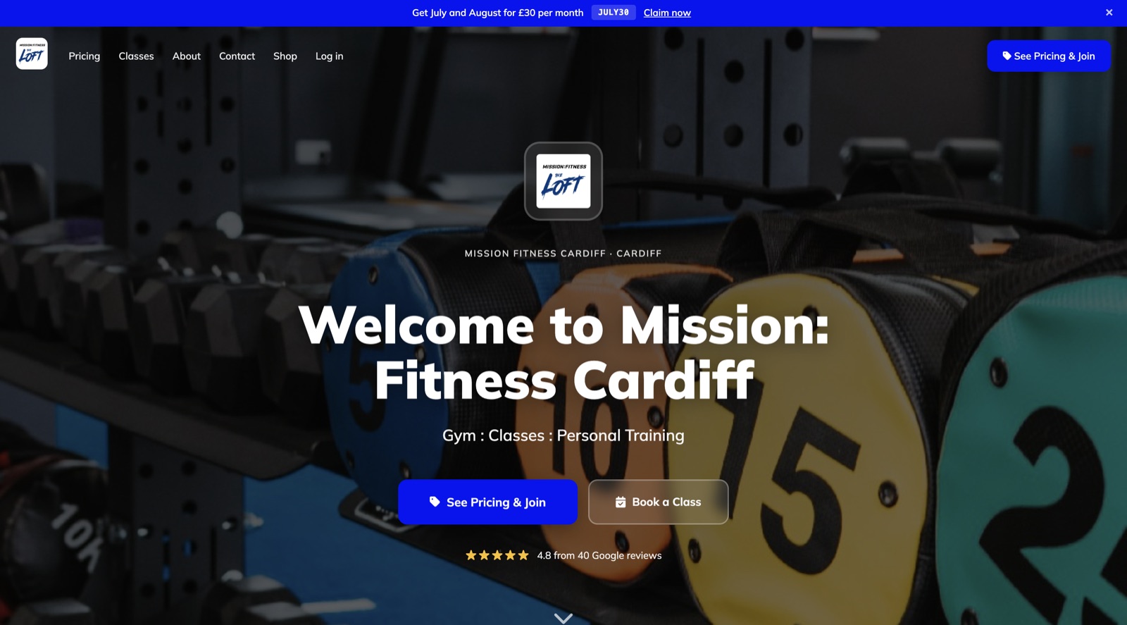 Mission Fitness&rsquo;s website, built free on ClubRight