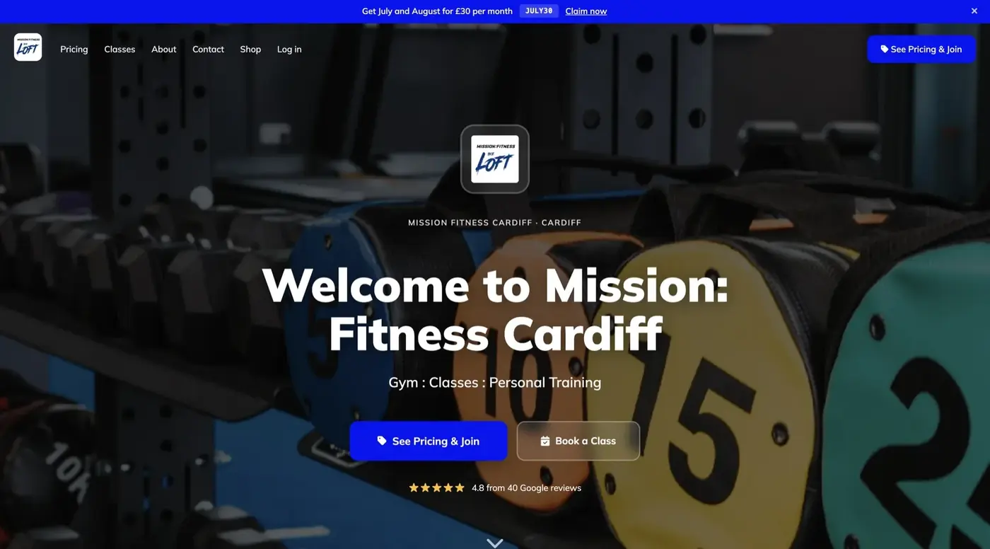 Mission Fitness&rsquo;s website, built free on ClubRight