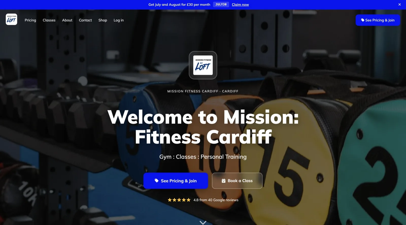 Mission Fitness&rsquo;s website, built free on ClubRight
