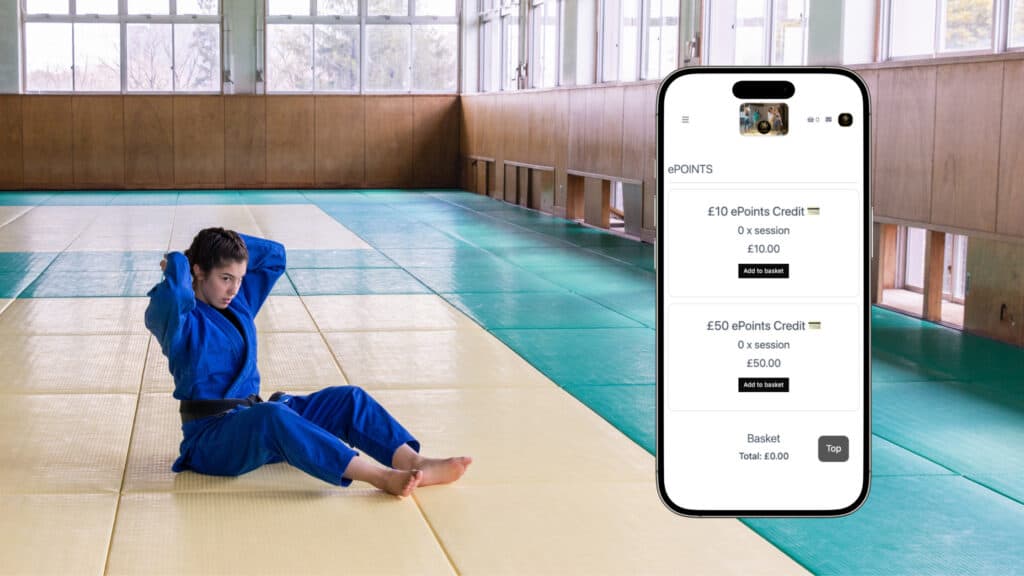 A martial arts club student prepares to train in their dojo after spending prepaid ePoints on an additional training session.