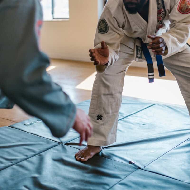 Two martial arts students spar on a dojo mat, showing the dynamic training and engagement that seasonal promotions can bring to a martial arts club year-round.